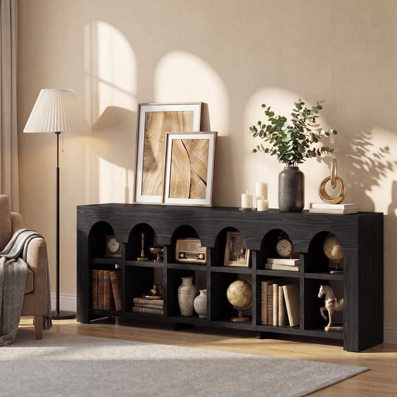 63" TV Stand for 55-70 Inch TVs, Farmhouse Entertainment Center with 6 Open Arched Storage Cubbies, Wooden Media Console Table for Living Room & Bedroom