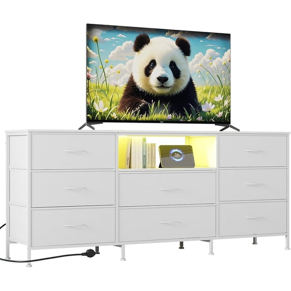 63" TV Stand with 8 Fabric Drawers and LED Lighting, Steel Frame Media Console for 65 70 75 Inch Televisions, Storage Dresser for Bedroom or Living Room