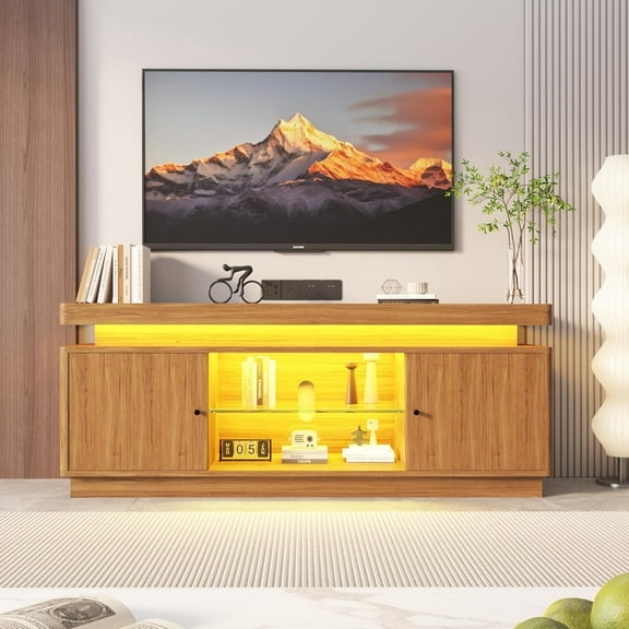 63'' TV Stand, Entertainment Center with Power Outlets and Adjustable Shelf, TV Console for Living Room, Modern Media Console, Walnut