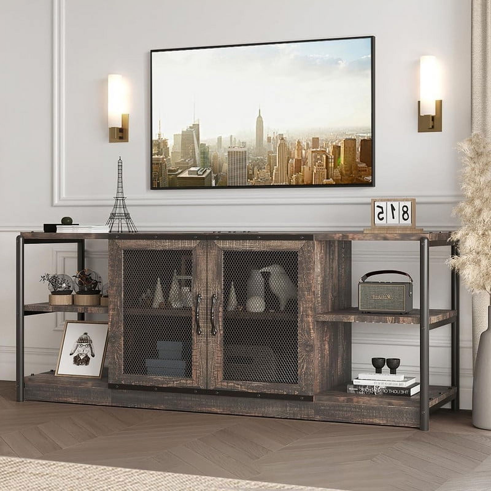 63" TV Stand Farmhouse Style TV Console Table with Storage Shelves Wood Entertainment