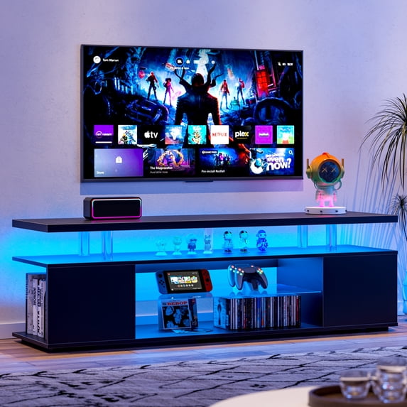 63" TV Stand, Gaming Entertainment Center Media Storage Console Table for 70 Inch TV, TV Unit with Large Sliding Drawer, Glass Open Shelf, Side Cabinet and LED Light, Black
