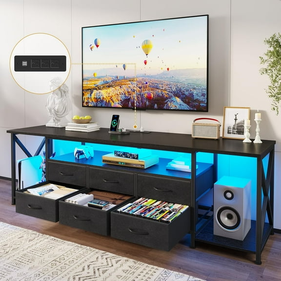 63" TV Stand with LED Lights & Power Outlets, for TVs up to 80 Inches, 6 Drawers Entertainment Center with Storage Shelves, TV Media Console Table for Living Room, Bedroom, Black