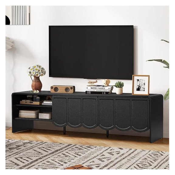 63'' TV Stand, Modern TV Console Table Wave Panel Television Stands Entertainment Media Center with Storage Compartment and Sliding Door for Living Room (Black)