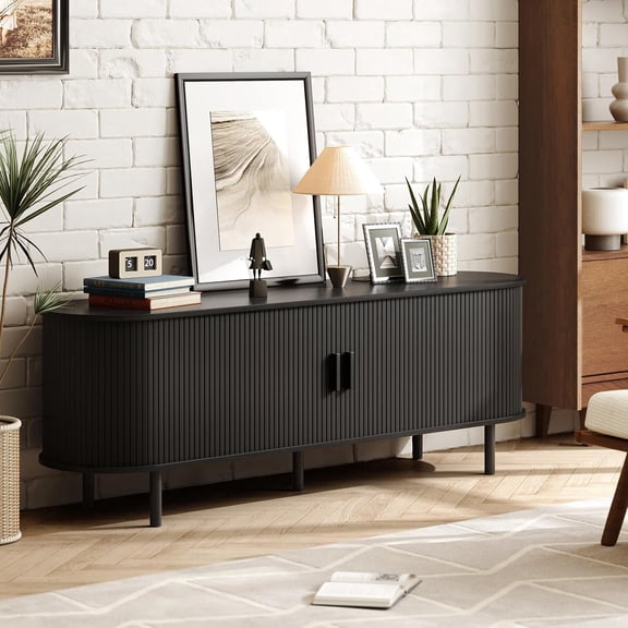63" TV Stand with Power Outlet for TVs up to 70 Inch, Entertainment Center with Storage and Adjustable Shelves, Modern Media Console with Sliding Doors for Living Room, Walnut