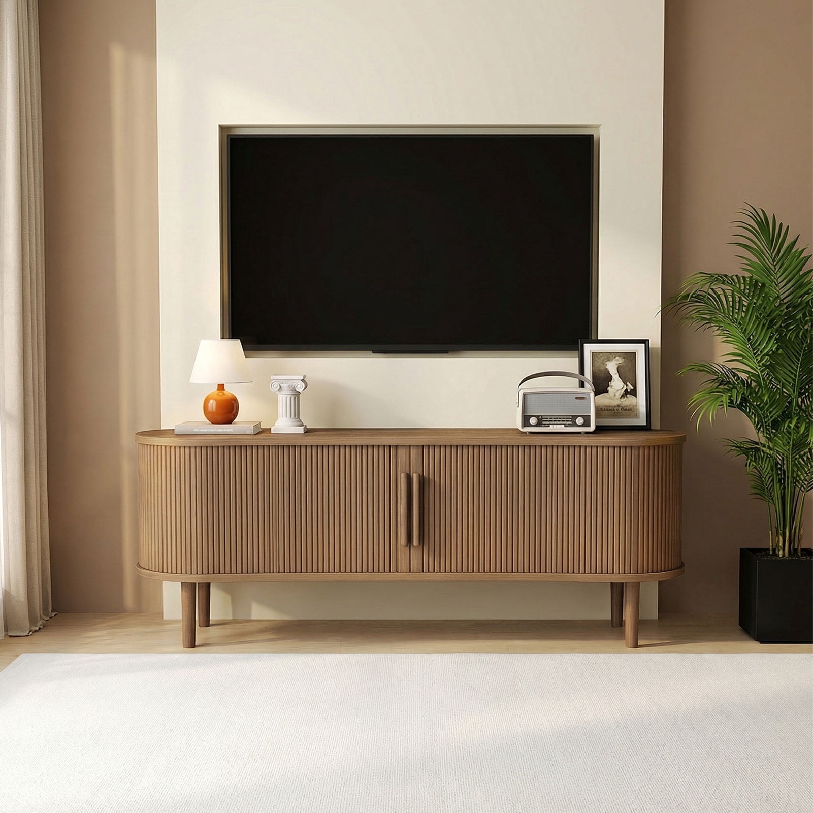63" TV Stand for TVs up to 70 Inch, Entertainment Center with Storage and Adjustable Shelves, Modern Media Console with Sliding Doors for Living Room, Walnut