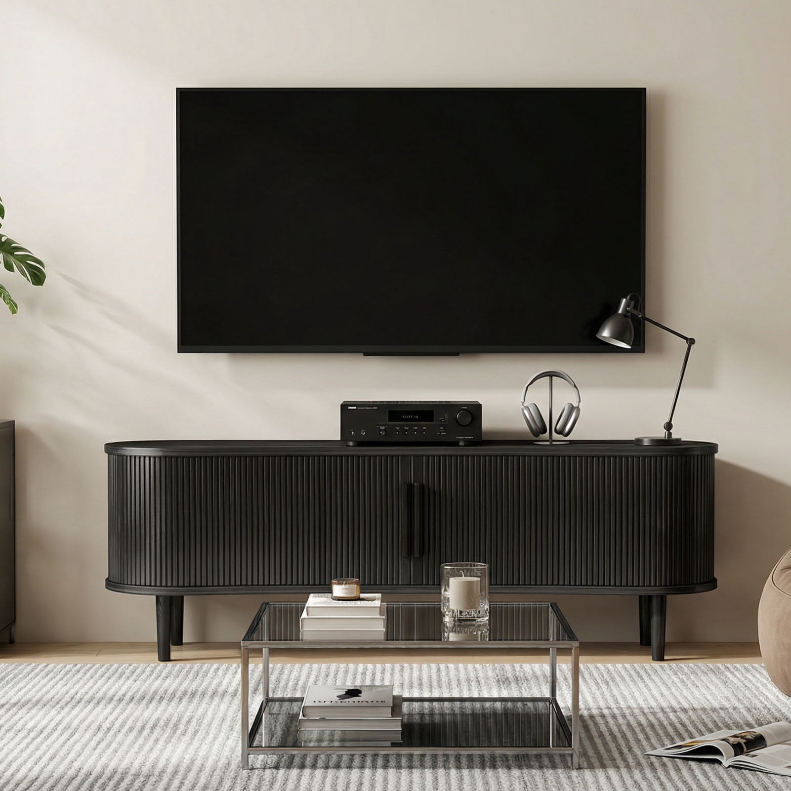 63" TV Stand  for TVs up to 70 Inch, Entertainment Center with Storage and Adjustable Shelves, Modern Media Console with Sliding Doors for Living Room, Walnut