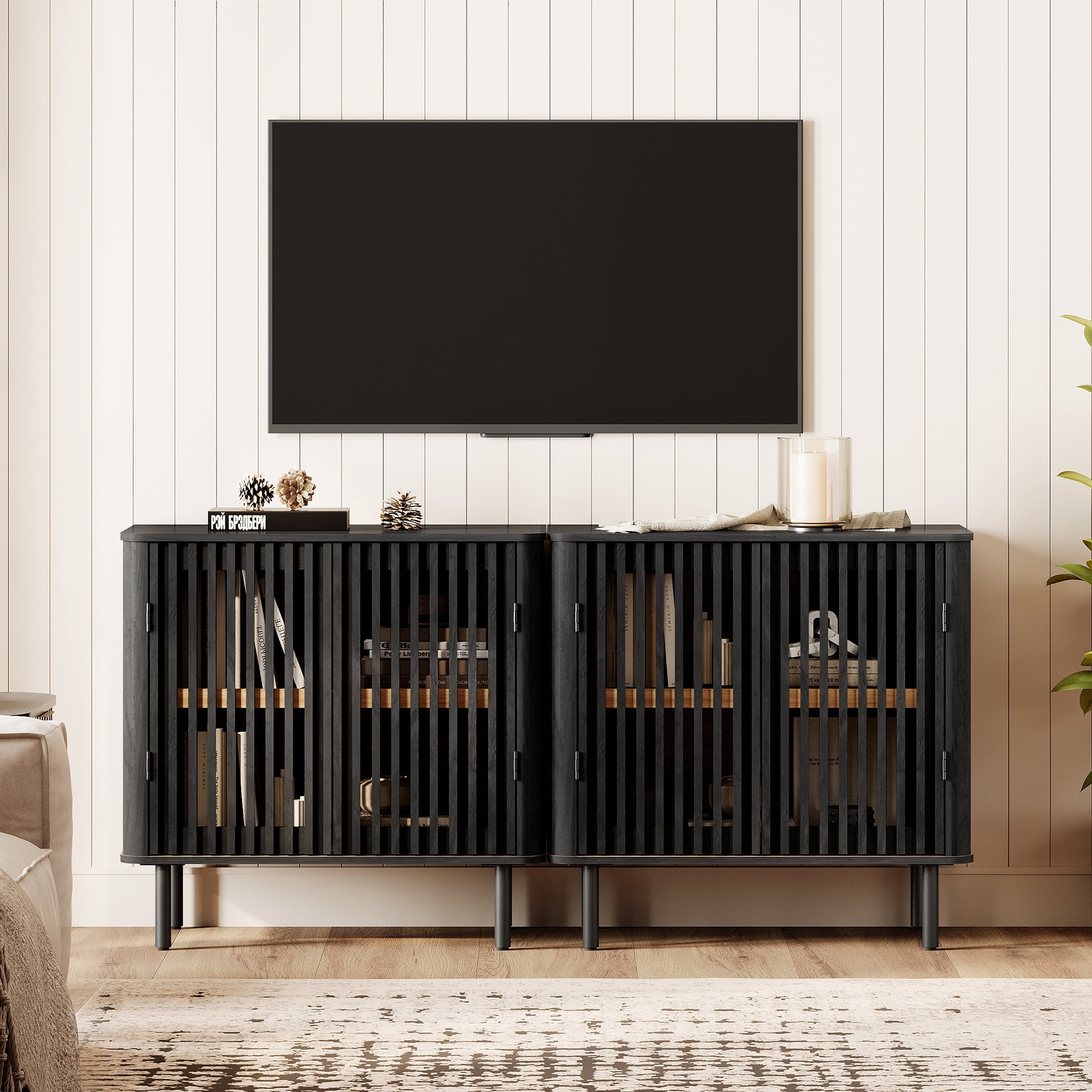63" TV Stand for TVs up to 75", Mid Century Modern TV Media Console Table with Adjustable Shelf, Black