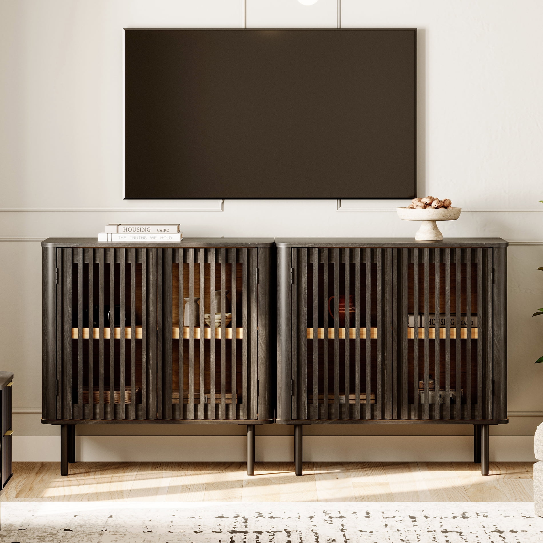63" TV Stand for TVs up to 75", Mid Century Modern TV Media Console Table with Adjustable Shelf, Black