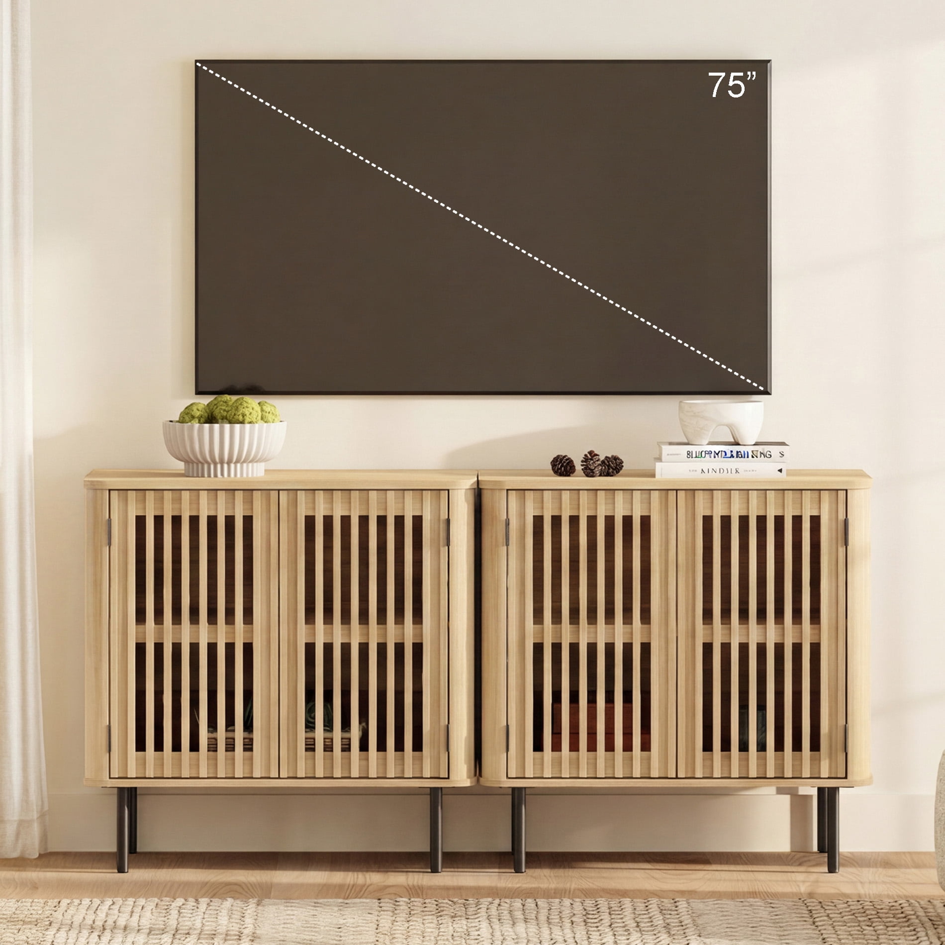 63" TV Stand for TVs up to 75", Mid Century Modern TV Media Console Table with Adjustable Shelf, Oak