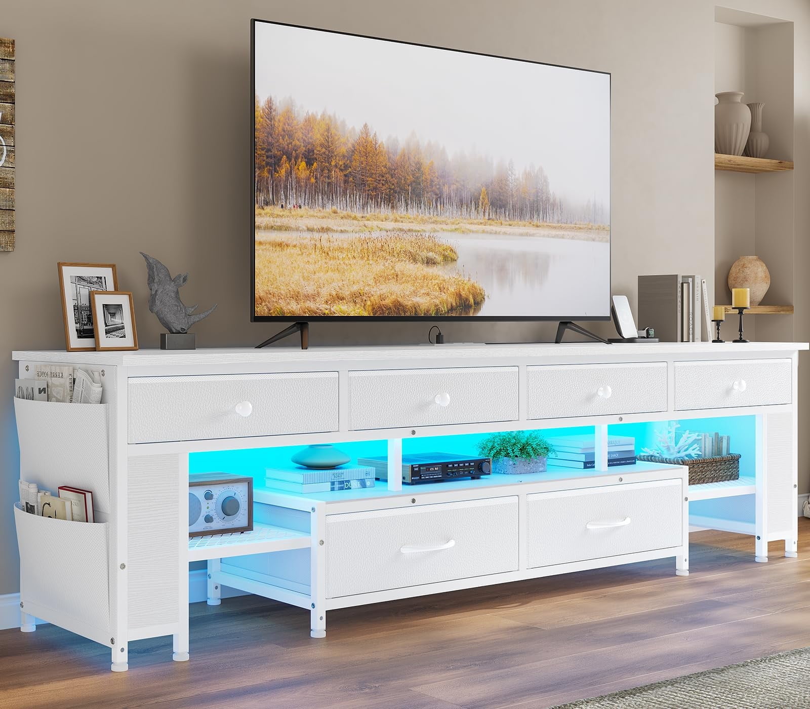 63" TV Stand with 6 Drawers  4 Side Storage Bags & Shelves,for 65/70/75 Inch TV, Entertainment Center with Led Light and Power Outlets,White
