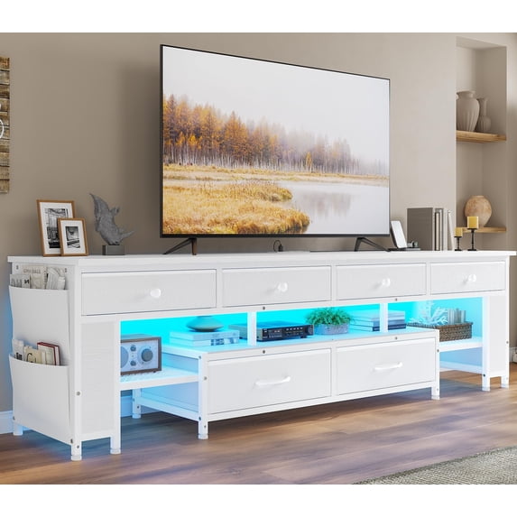 63" TV Stand with 6 Drawers 4 Side Storage Bags & Shelves,for 65/70/75 Inch TV, Entertainment Center with Led Light and Power Outlets,White