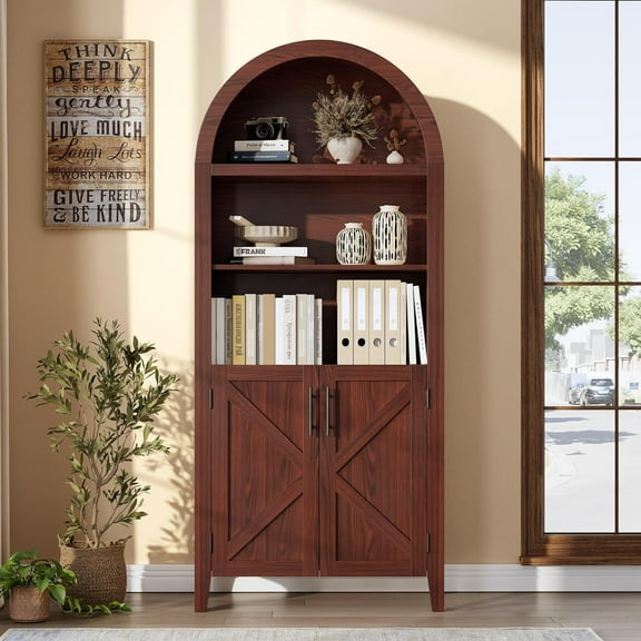 63" Tall Arched Cabinets Bookcase with Storage Mid-Century Modern 5-Tier Bookshelf with Doors, Farmhouse Kitchen Pantry Buffet Cabinet Book Shelf for Any Room