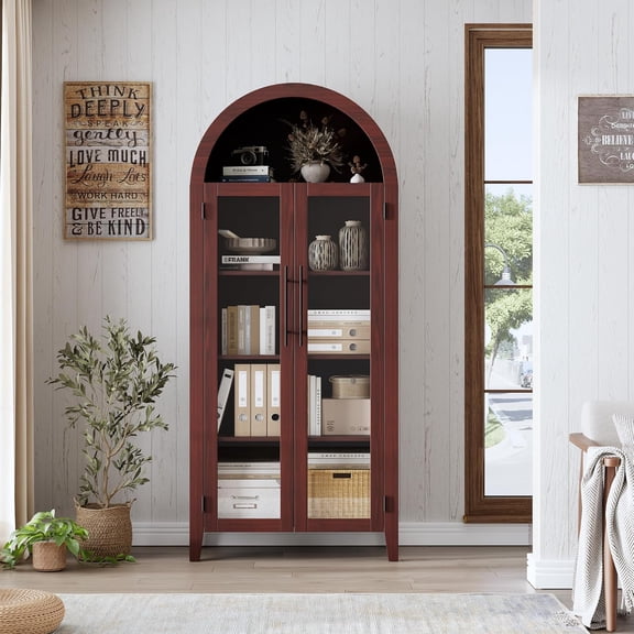 63" Tall Arched Pantry Cabinet with Glass Doors & 5 Adjustable Shelves | Farmhouse Storage for Living, Dining & Bathroom