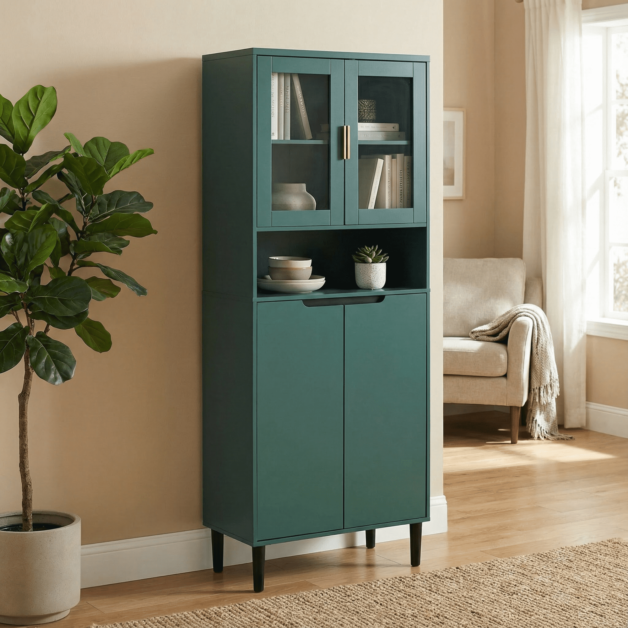 63" Tall Bookcases,Freestanding Display Storage Shelves with Adjustable Board for Living room Bedroom Storage,Green