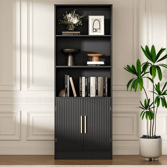63" Tall Bookshelf with 2 Doors, Modern Bookshelf with Storage, 3 Shelf Bookcase with Adjustable Shelf, 3 Tier Bookshelf, Open Shelves Bookcase, Unique Bookshelf for Home Office, Black