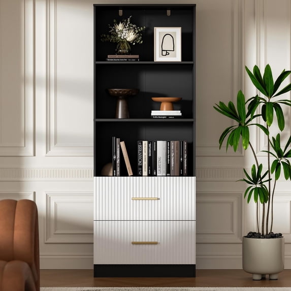 63" Tall Bookshelf with 2 Drawers, 3 Shelf Modern Bookcase with Adjustable Shelf, Open Shelves Bookcase, Unique Book Shelf for Home Office, Black & White