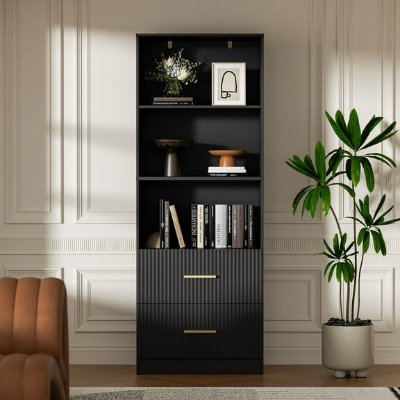 63" Tall Bookshelf with 2 Drawers, 3 Shelf Modern Bookcase with Adjustable Shelf, Open Shelves Bookcase, Unique Book Shelf for Home Office, Black