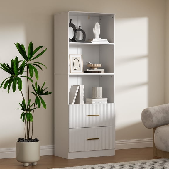 63" Tall Bookshelf with 2 Drawers, 3 Shelf Modern Bookcase with Adjustable Shelf, Open Shelves Bookcase, Unique Book Shelf for Home Office, White