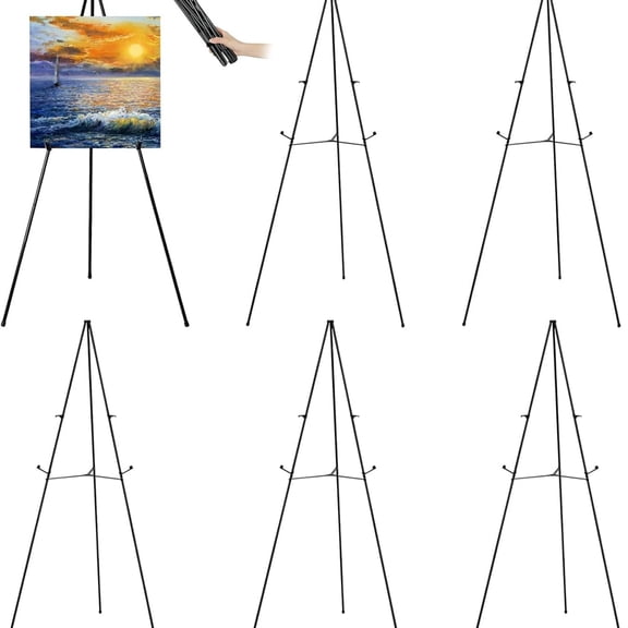 63" Tall Display Easel Stand for Wedding Sign Poster, Foldable and Adjustable Floor Metal Easels for Display Painting Arts,with Portable Bag,Holds 5 LBS (Black,6Pack)