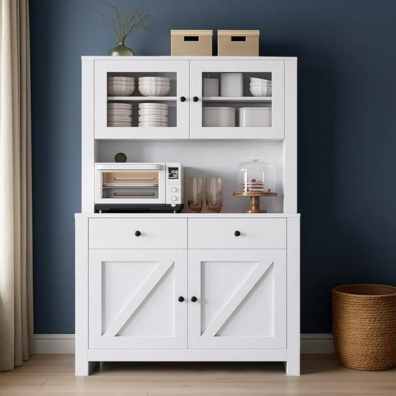 63" Tall Kitchen Pantry Cabinet with Drawers, Hutch, Glass Doors, Adjustable Shelves, Freestanding Microwave Stand & Storage Cabinet, White