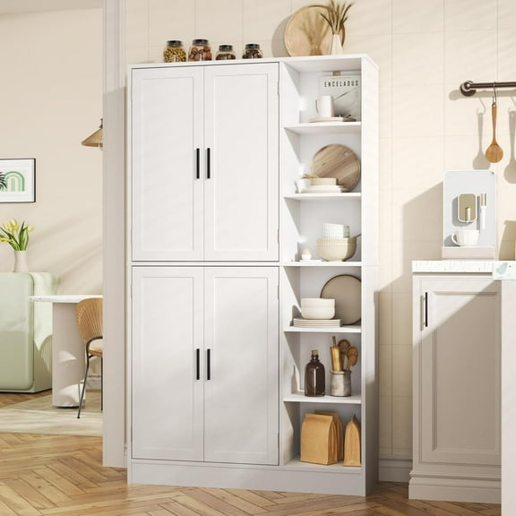 63" Tall Kitchen Pantry, Kitchen Pantry Cabinet with 4 Doors and Adjustable Shelves, Storage Cabinet for Dining Room, Laundry Room, White