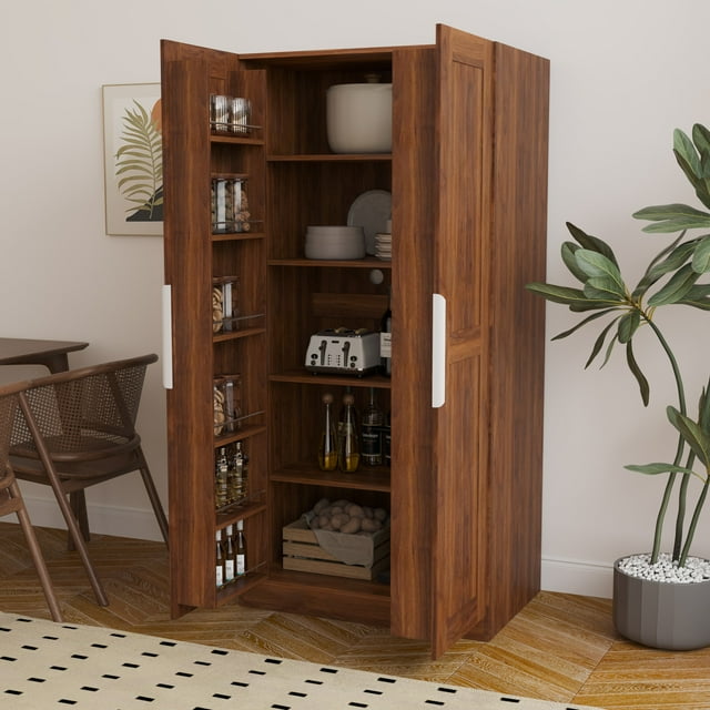 63" Tall Kitchen Pantry, Wood Freestanding Storage with