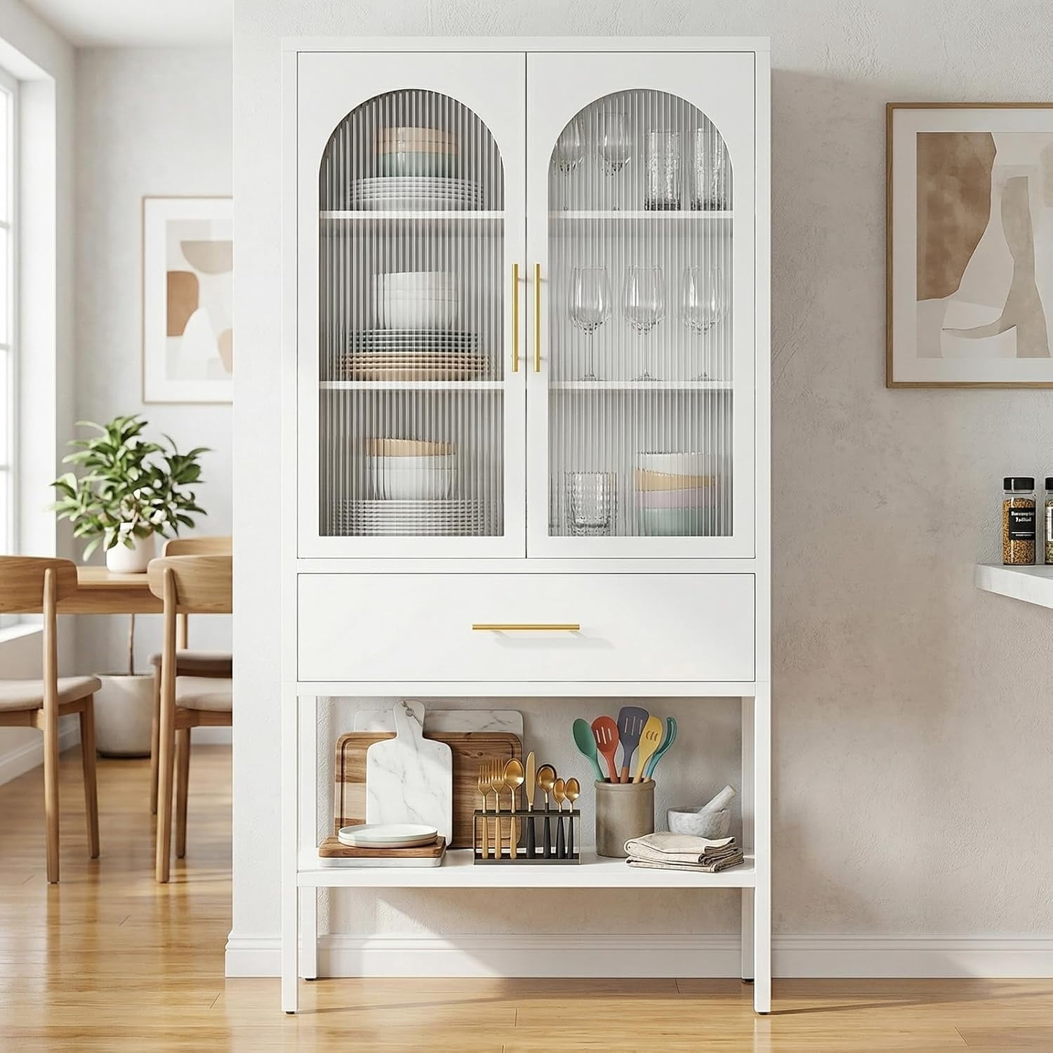 63" Tall Metal Storage Cabinet with Glass Doors, Kitchen Pantry Cabinet with Drawers & Adjustable Shelves, Freestanding Metal Cabinet for Kitchen, Dining Room and Home Organization White