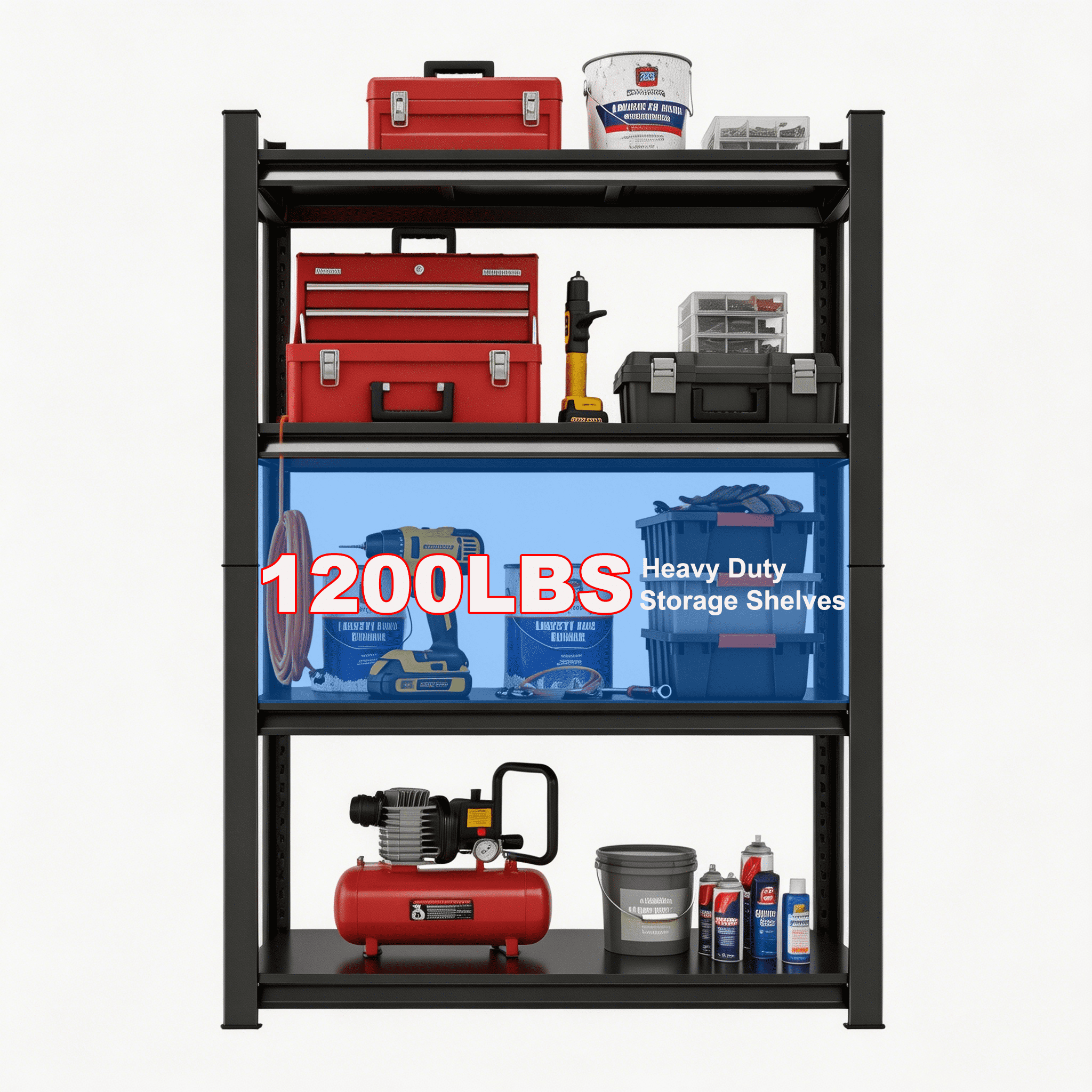63" Tall Metal Storage Shelf, 1200 LBS Weight Capacity, 4-Tier Adjustable Height Storage Rack, Black