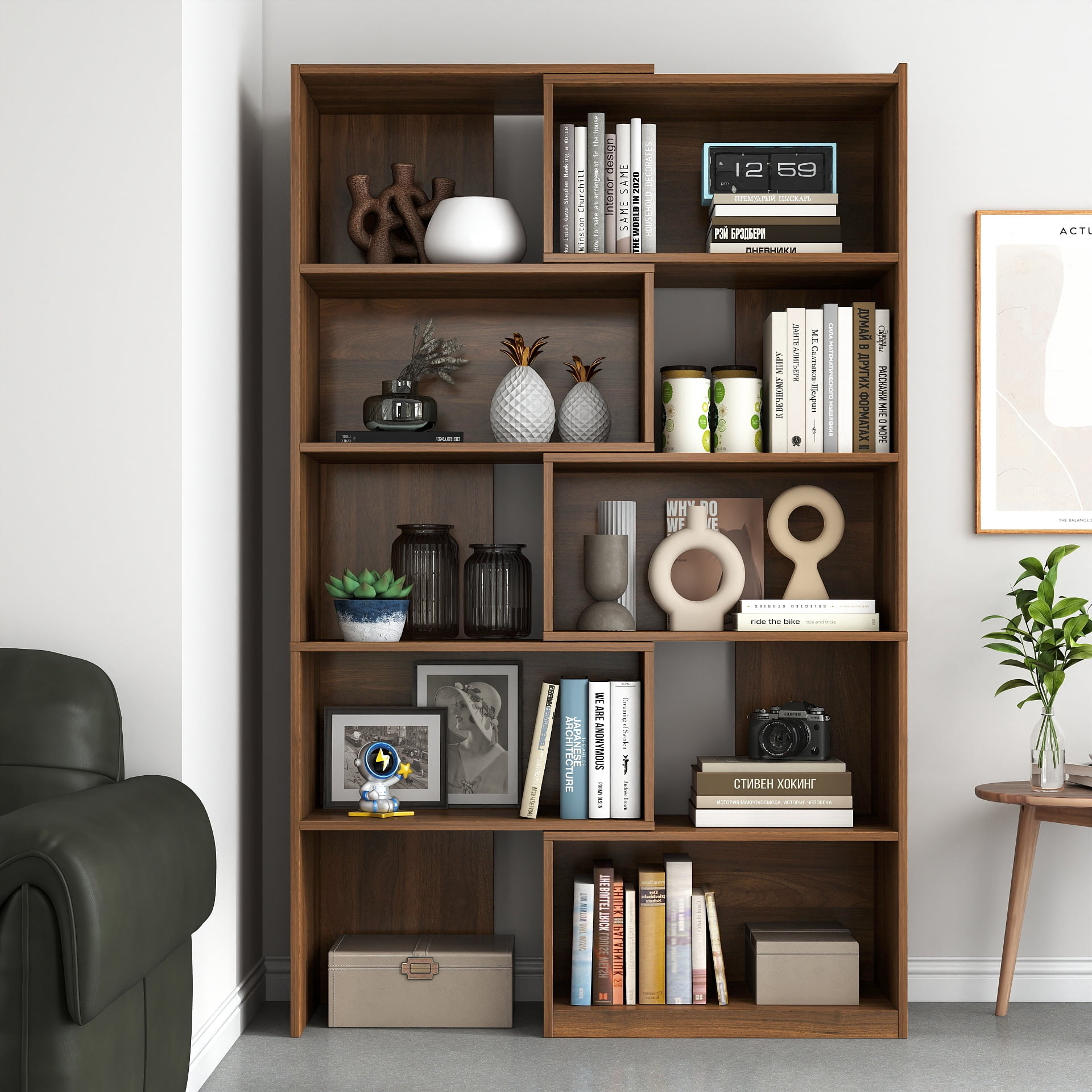 63"Tall Modular Bookshelf, 5-Tier Staggered Open Shelf Bookcase, Asymmetric Storage Display Rack