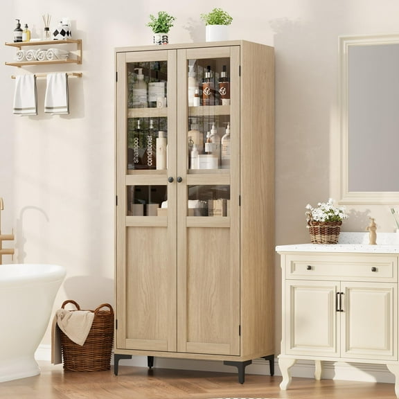 63" Tall Storage Cabinet with Glass Doors, 5 Tier Bathroom Cabinet with Adjustable Shelves