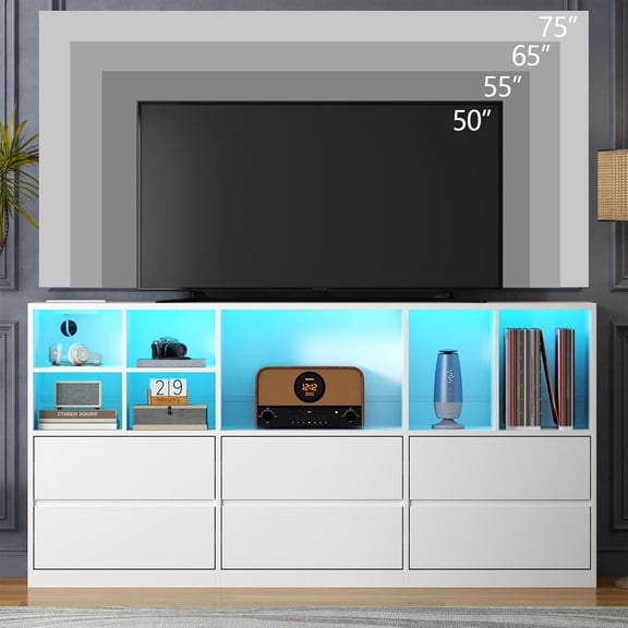 63" Triple Wide White Dresser with Power Outlet & LED Lights, 6-Drawer Chest of Drawers with 7 Open Storage Cubbies, Modern Storage Cabinet for Bedroom & Living Room