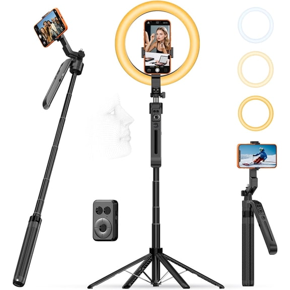 63" Tripod for iPhone with Light Remote, Detachable Phone Holder, Auto Face Tracking Tripod for Travel, Lightweight Selfie Stick Tripod for Video Recording, Compatible with Phone/Action Camera