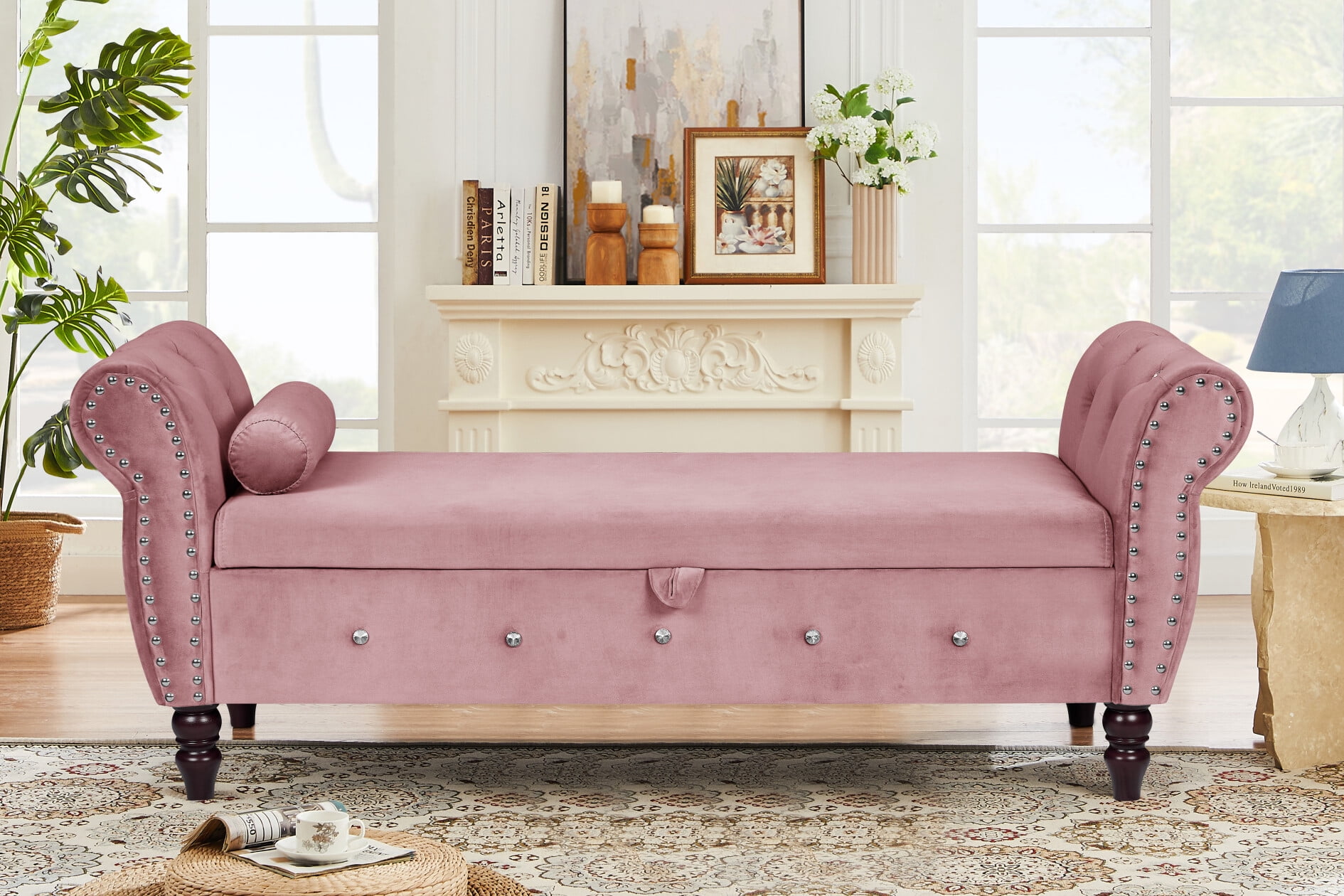 63" Velvet Tufted Storage Bench For Bedroom - Upholstered Ottoman With Nailhead Trim, Rolled Arms & Storage Space