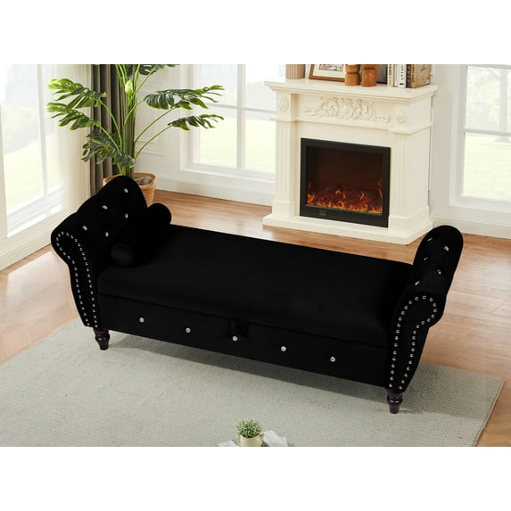 63'' Tufted Storage Bench for Bedroom End of Bed, Velvet Upholstered Storage Ottoman Bench for Bedroom, Rolled Arm Window Bench Seat with Solid Wood Legs & Pillow & Rivet Trim, Black