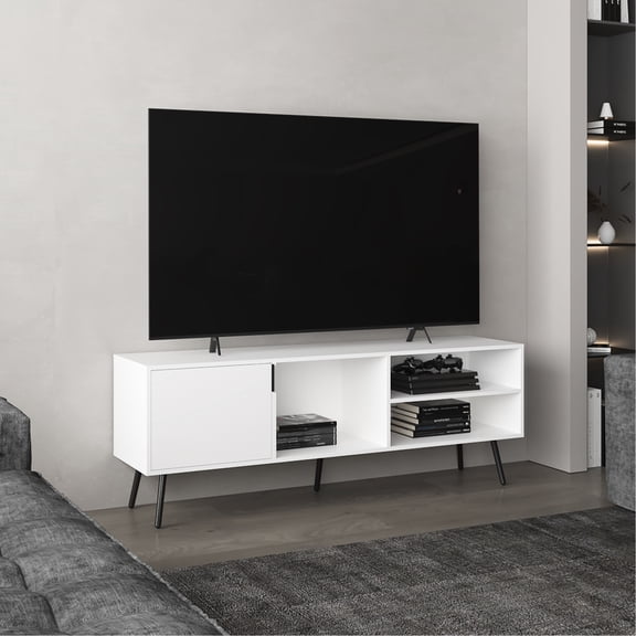 63" Tv Stand, White. One Cabinet & Three Open Shelves. Cable Managed In . , Fits 60-69" Tvs. Modern Stand For Home Wide Managed. Living And Room Feature