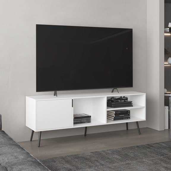 63" Tv Stand, White - One Cabinet & Three Open Shelves, Cable Managed, Fits Tvs From 60 To 69 Inches, Contemporary Look Appearance