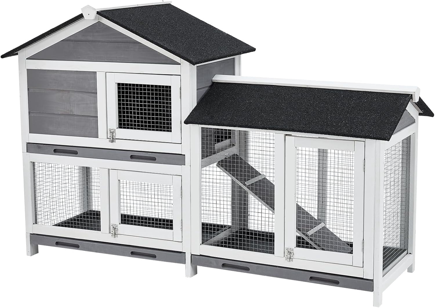 63" Two-Tier Bunny Hutch with Adjustable Design, Waterproof Roof & 3 Leak-Proof Trays – Indoor/Outdoor Wooden Rabbit Hutch and Chicken Coop, Eco-Friendly Painted Fir Wood
