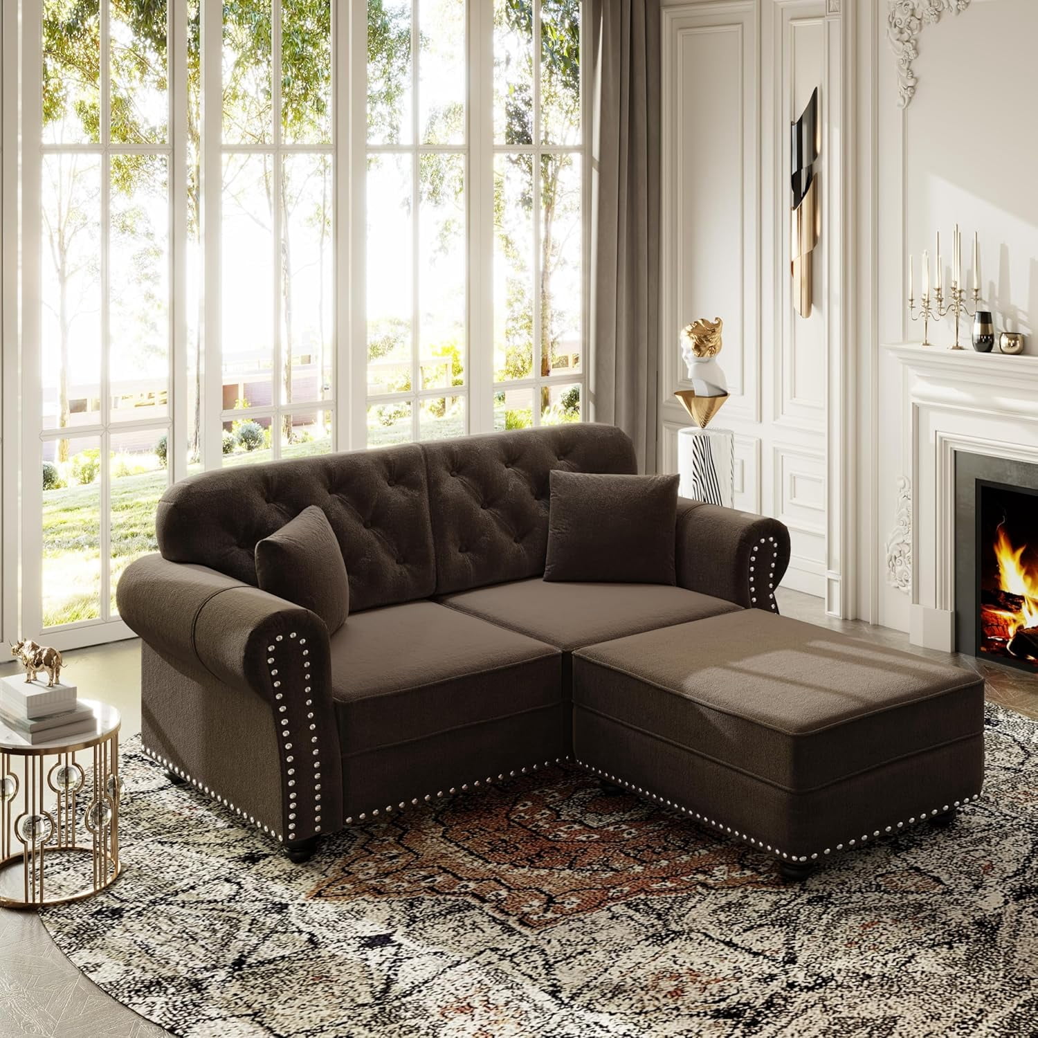 63'' Velvet Chesterfield Sofa, Loveseat Sofas with Ottoman, Comfy L Shaped Couches, Tufted Back Modular Sectional Couch, Modern Chaise Lounge, 2 Pillows for Small Space, Living Room, Brown