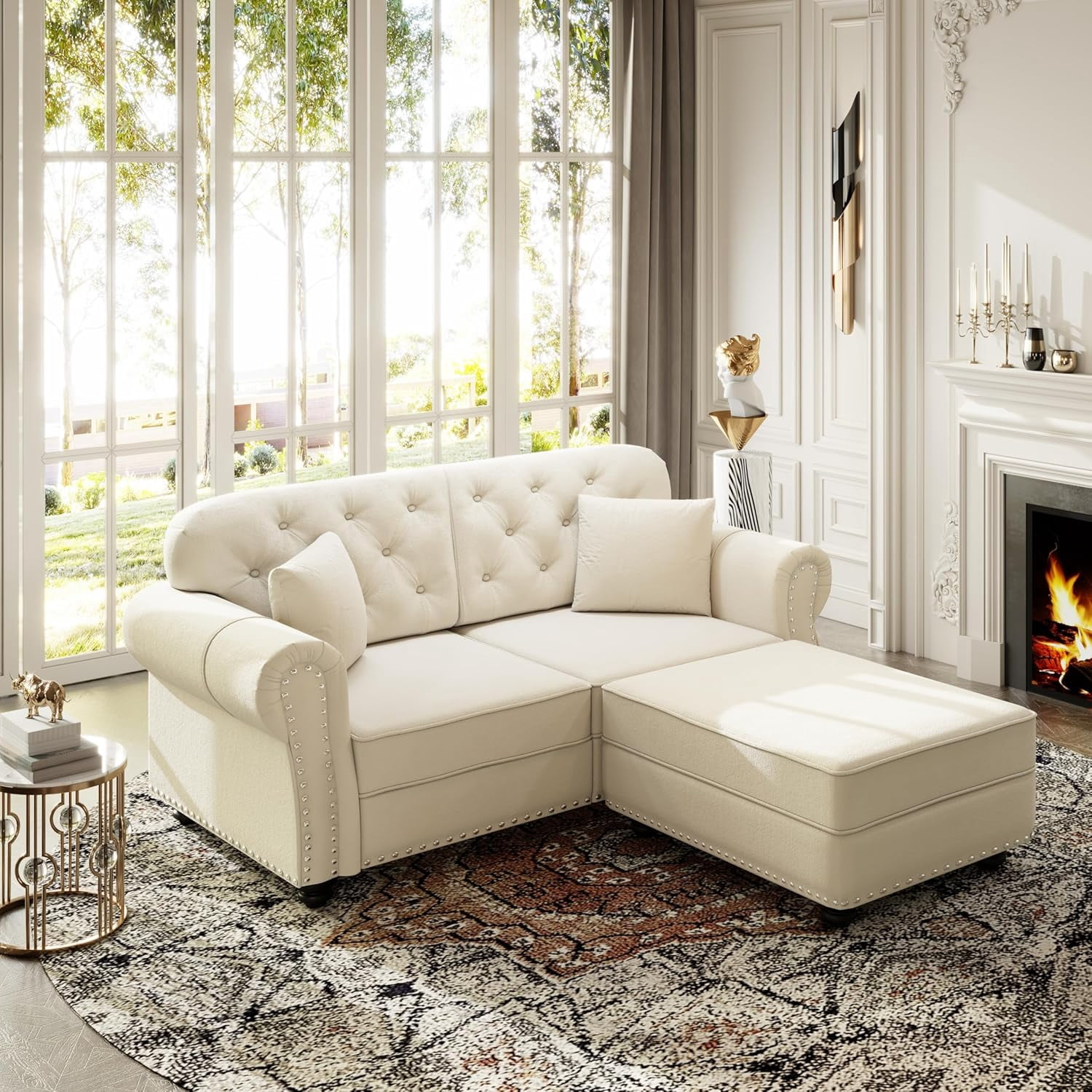 63'' Velvet Chesterfield Sofa, Loveseat Sofas with Ottoman, Comfy L Shaped Couches, Tufted Back Modular Sectional Couch, Modern Chaise Lounge, 2 Pillows for Small Space, Living Room, Beige