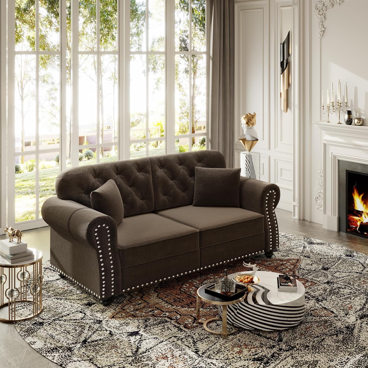 63'' Velvet Chesterfield Sofa, Modern Loveseat Couches for Living Room, Comfy Tufted Back Love Seat Sofas, 2 Pillows & Rolled Arms for Small Spaces, Bedroom, Apartment, Office, Brown