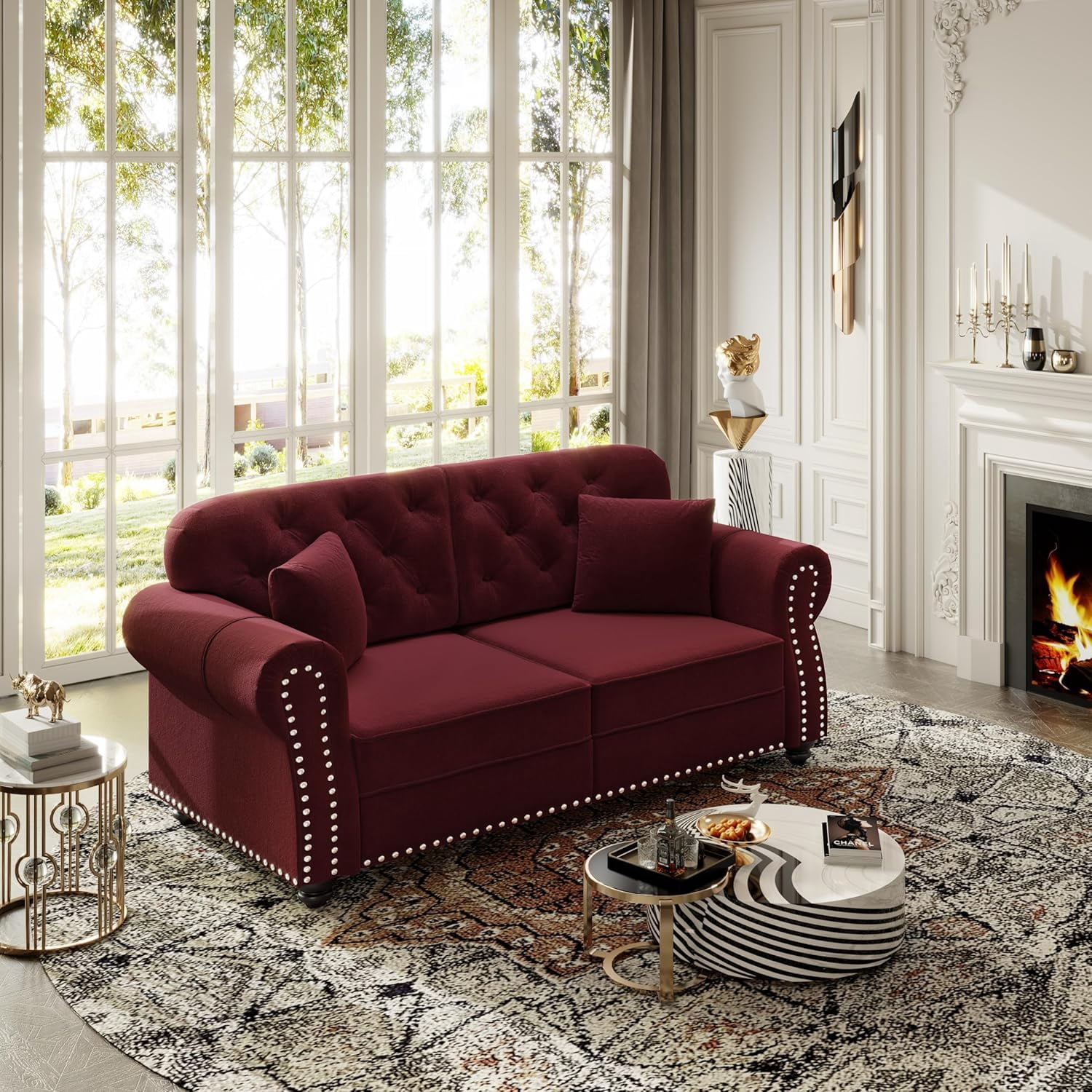 63'' Velvet Chesterfield Sofa, Modern Loveseat Couches for Living Room, Comfy Tufted Back Love Seat Sofas, 2 Pillows & Rolled Arms for Small Spaces, Bedroom, Apartment, Office, Wine Red
