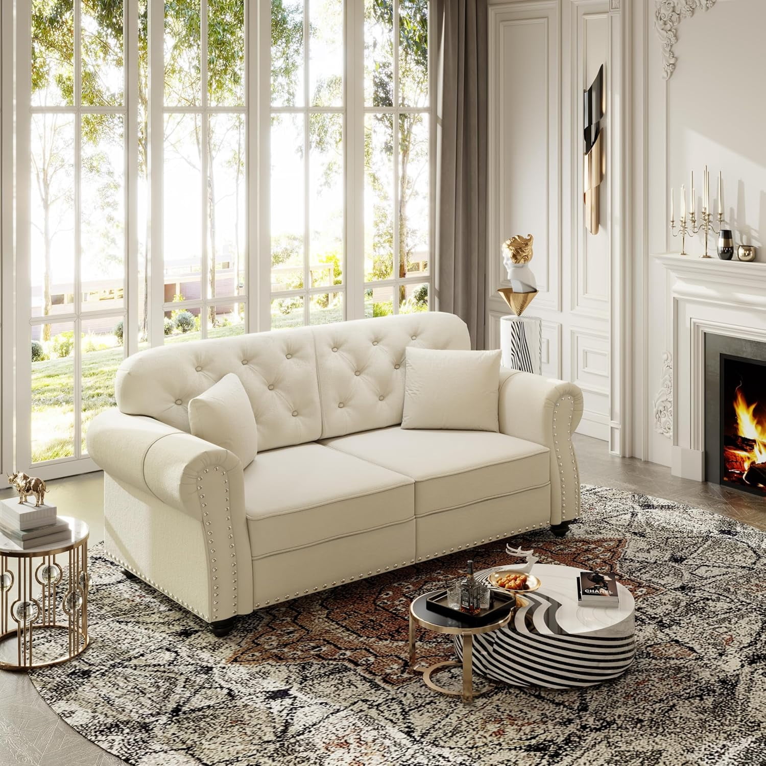 63'' Velvet Chesterfield Sofa, Modern Loveseat Couches for Living Room, Comfy Tufted Back Love Seat Sofas, 2 Pillows & Rolled Arms for Small Spaces, Bedroom, Apartment, Office, Beige