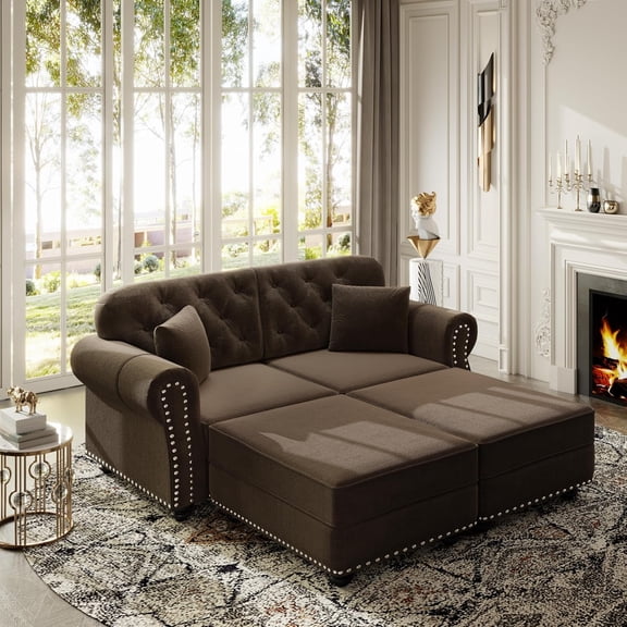 63'' Velvet Chesterfield Sofas, Oversized Chaise Lounge, Loveseat with 2 Ottomans, Comfy Sleeper Sofa Bed, Tufted Back Modular Sectional Couch, 2 Pillows for Living Room, Apartment, Brown