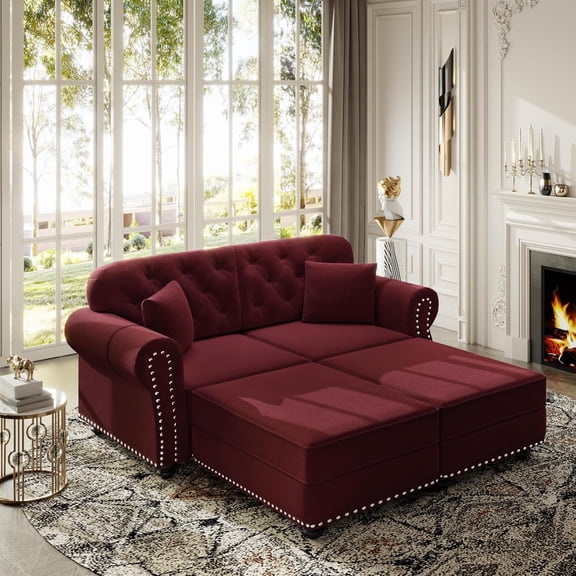 63'' Velvet Chesterfield Sofas, Oversized Chaise Lounge, Loveseat with 2 Ottomans, Comfy Sleeper Sofa Bed, Tufted Back Modular Sectional Couch, 2 Pillows for Living Room, Apartment, Wine Red