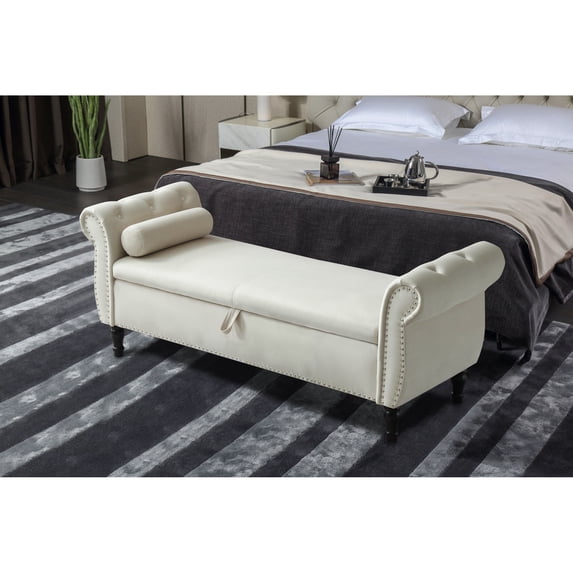 63" Velvet Multifunctional Storage Rectangular Sofa Stool Buttons Tufted Nailhead Trimmed Solid Wood Legs with 1 Pillow,Beige