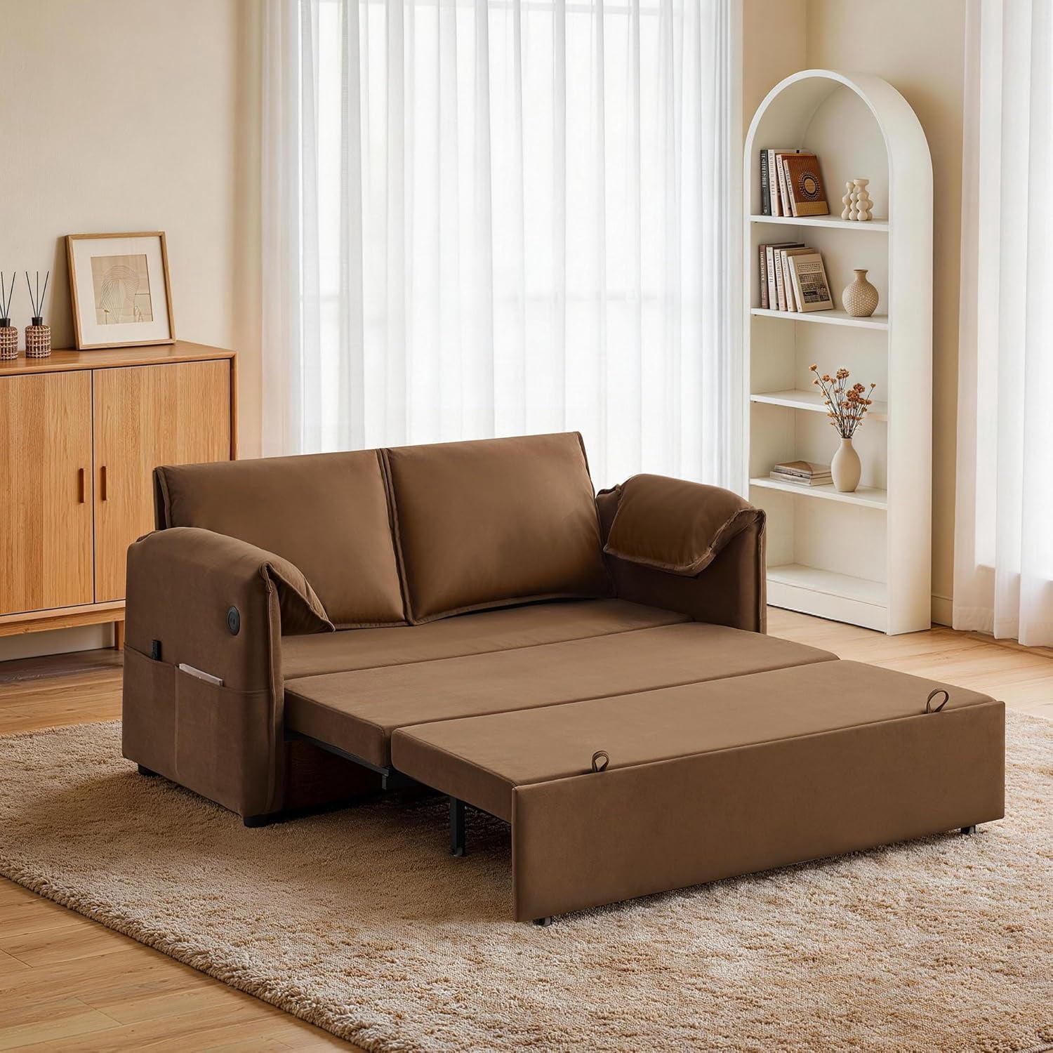 63" Velvet Pull Out Couch, 3-in-1 Convertible Sleeper Sofa Bed with Adjustable Backrest, USB Charging Ports, Side Pockets, Modern Loveseat for Living Room, Bedroom, Apartment, Brown