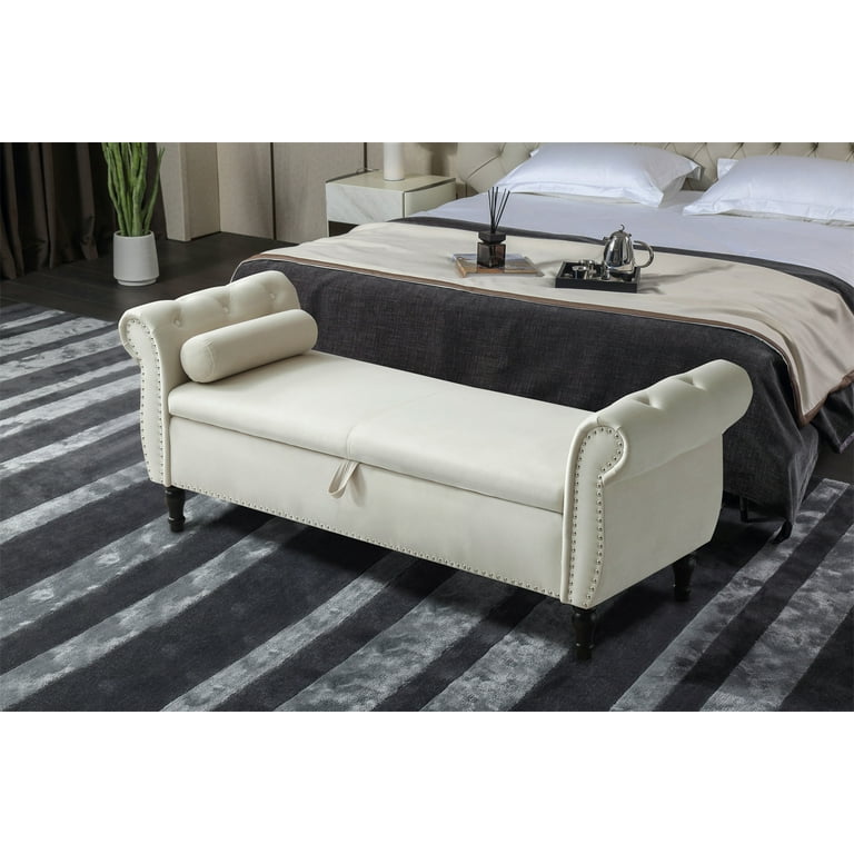 63 Velvet Storage Ottoman with Nailhead Trim and Pillow Beige