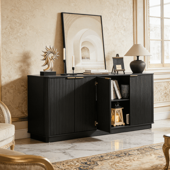 63" Vertical Stripe Buffet Cabinet Sideboard with Storage - Curved Wave Design, TV Stand for Bedroom, Living Room, Hallway, Entryway, 63"W x 15.75"D x 31.5"H