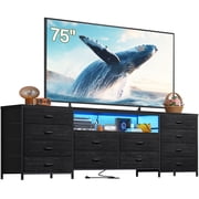 Romorgniz 12-Drawer Dresser TV Stand for 65/70/75 Inch TVs, Entertainment Center with LED Lights & Power Outlets, Fabric Drawers for Living Room, Black