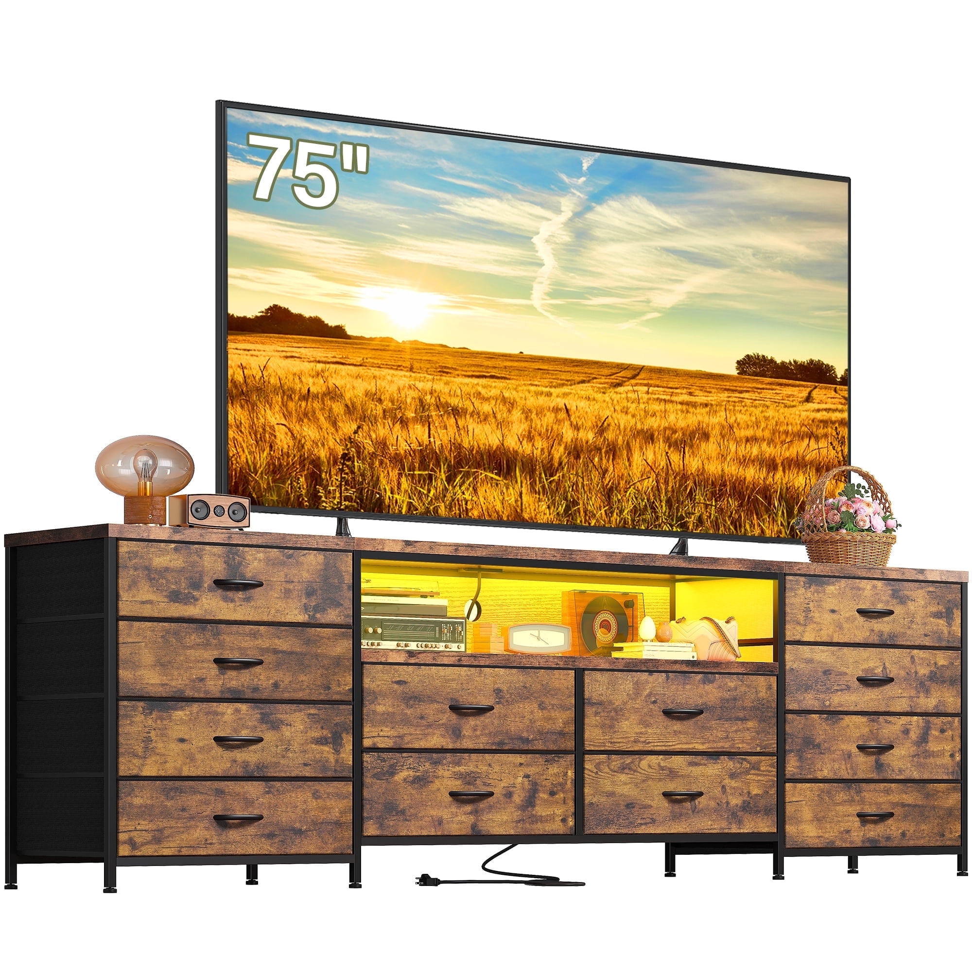 63" W 12-Drawers Dresser TV Stand for 65/70/75 Inch TVs,Entertainment Center with LED Lights & Power Outlets,Fabric Drawers for Bedroom,Living room,Rustic Brown